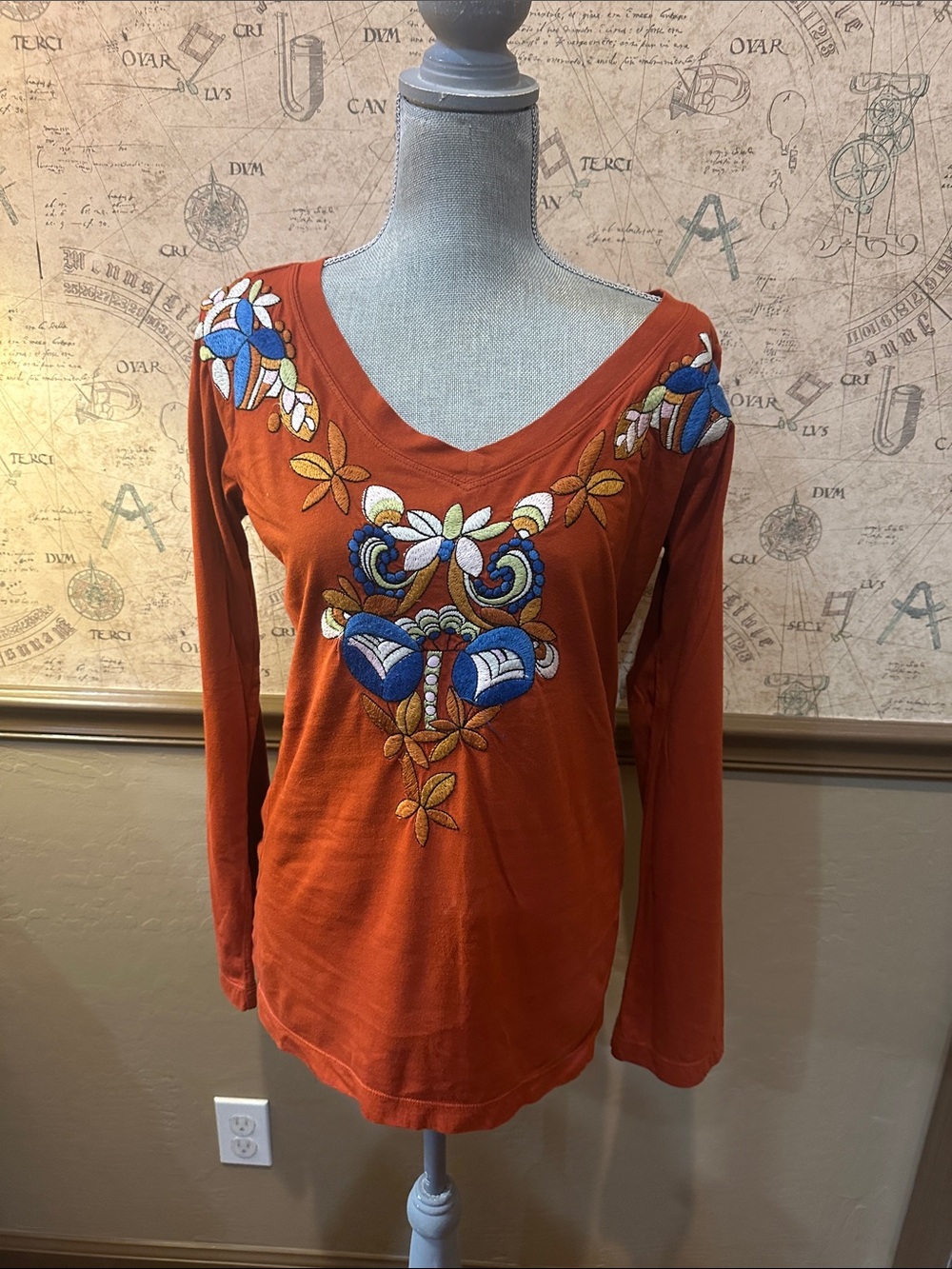 Johnny Was Rust Long Sleeve V-Neck Top with Blue & Cream Embroidery
